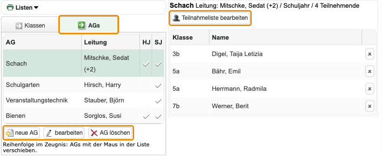 Tab 'AGs' unter Klassen / Schüler / Fächer: links die AGs, rechts die Teilnehmenden