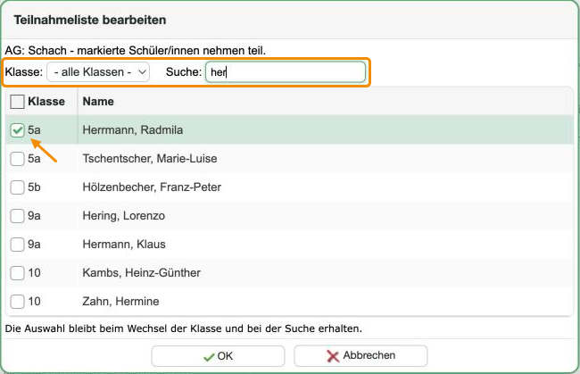 Fenster 'Teilnahmeliste bearbeiten' mit Klassenfilter und Suche