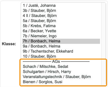 Auswahl 'Klasse' unter Bewertungen: die AGs stehen unter dem Trenner am Ende