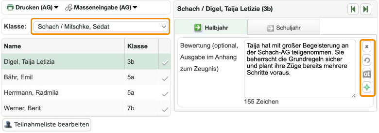 AG-Bewertungen: links die Teilnehmenden, rechts die Eingabe für Halbjahr und Schuljahr