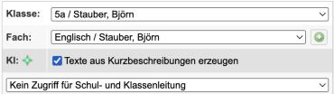 Schalter 'Texte aus Kurzbeschreibungen erzeugen' unter der Fachauswahl im Notenrechner