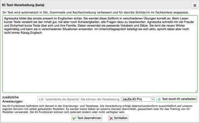 Textvorschlag im Fenster 'KI Text-Verarbeitung'