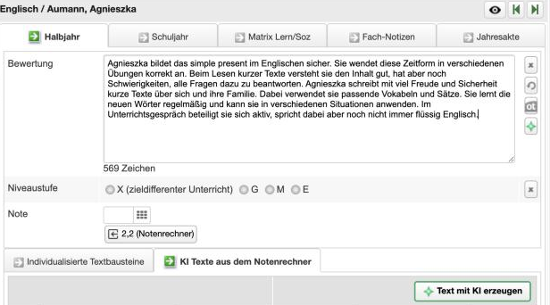 Übernommener Text im Feld 'Bewertung'